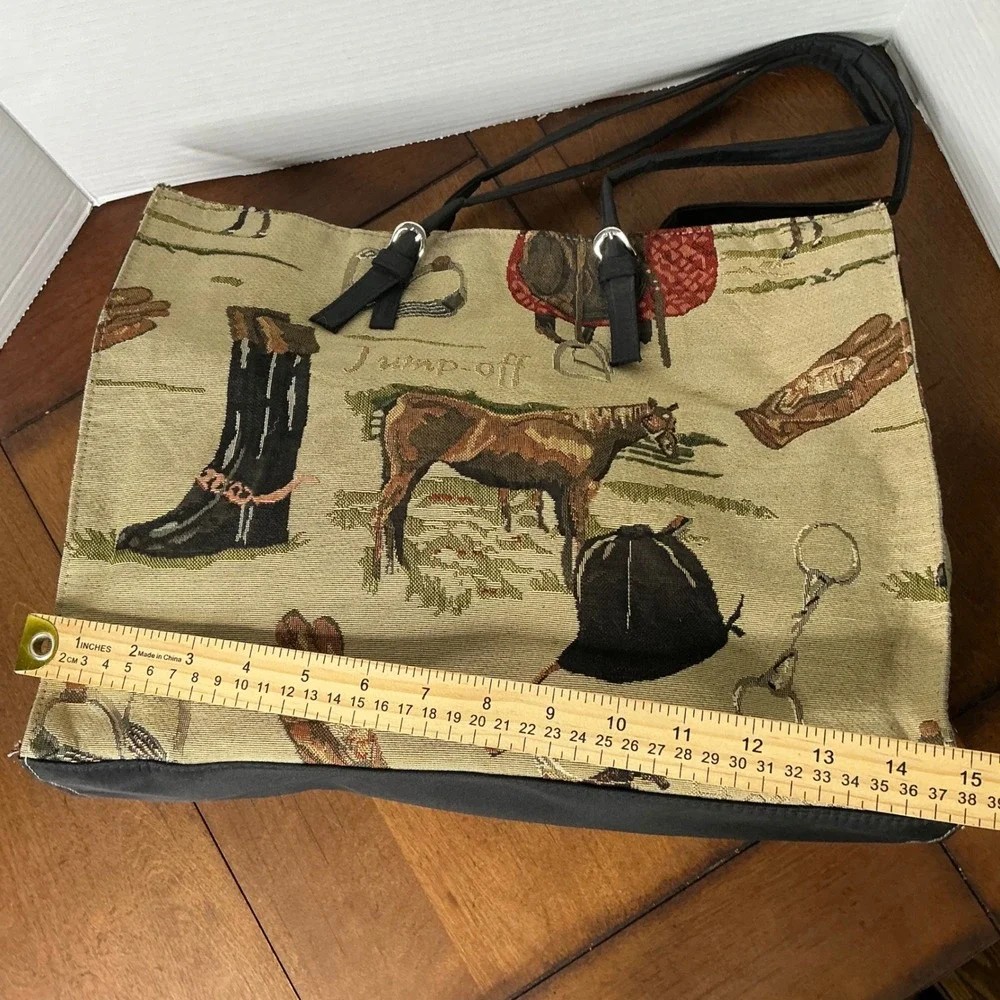 Braciano Equestrian Horse Tapestry Tote Bag Tan Black Large Shoulder Bag